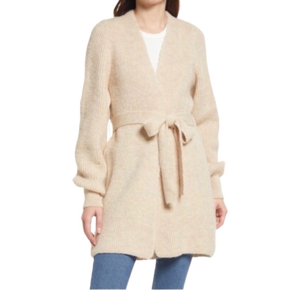 NWT Topshop Blouson Sleeve Belted Knit Cardigan in Oat 4-6
